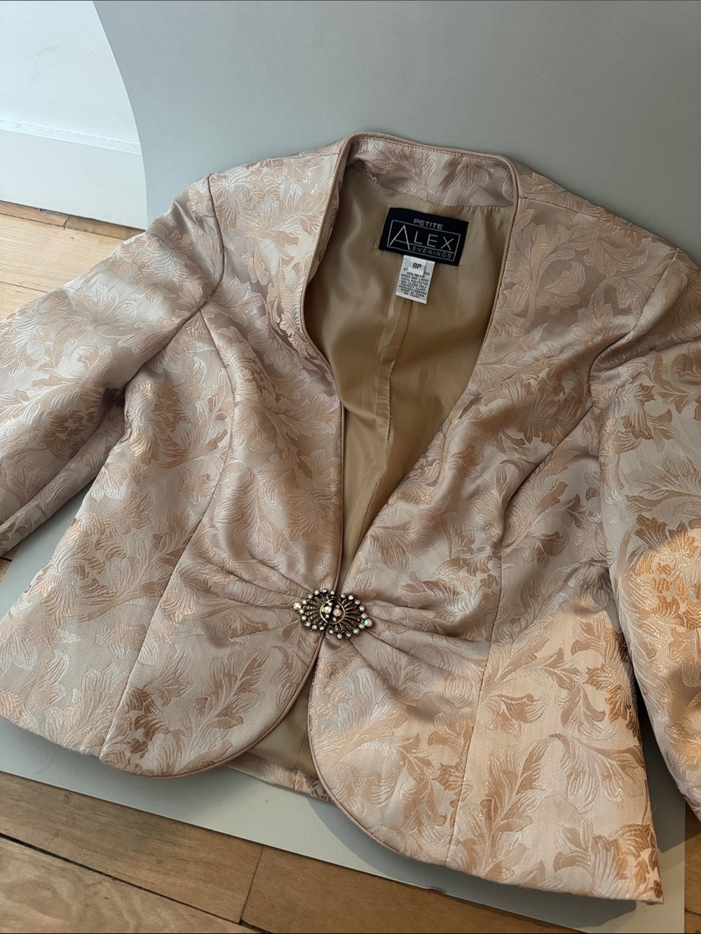 Alex Evenings Petite Blush Floral Brocade Blazer with Jeweled Clasp